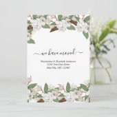 Magnolias Floral Blanc Script Moving Faire-part (Debout devant)