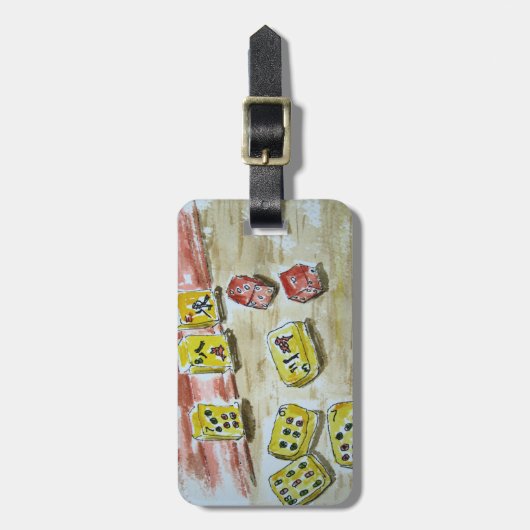 Mah Jongg (mahjong) Bagagelabel met lederen riem (Voorkant verticaal)