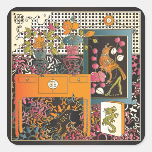 Mah Jongg Oranje Table Vierkante Sticker (Voorkant)