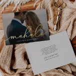 Mahalo | Carte de remerciements photo Mariage<br><div class="desc">Une photo moderne et élégante merci carte à plat conçue pour accommoder votre photo mariage horizontale ou paysagère préférée avec le Hawaiien merci de saluer "Mahalo" comme un script de feuille d'or superposition texte. Personnalisez avec vos noms et/ou la date du mariage en dessous, et ajoutez un message pré-imprimé au...</div>