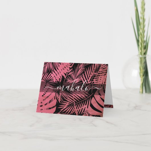 Mahalo roze tropische palmbladkalligrafie bedankkaart (Voorkant)