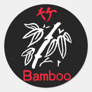 Mahjong bamboe pak, rood en wit op zwart ronde sticker