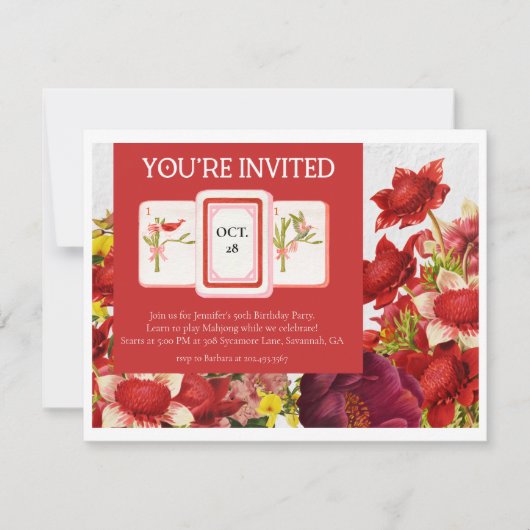 Mahjong Bold Rijke Rode Bloemen Uitnodiging (Voorkant)