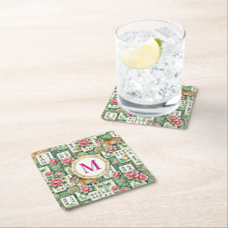 Mahjong Chinoiserie Floral Monogram Personalized  Vierkante Kartonnen Onderzetter