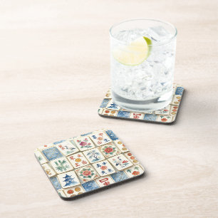 Mahjong Chinoiserie Tegels Waterverf Bloemen Vogel Bier Onderzetter
