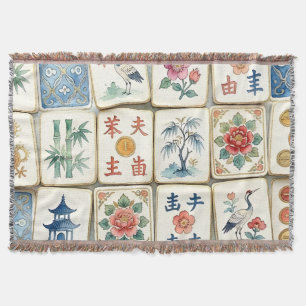 Mahjong Chinoiserie Tegels Waterverf Bloemen Vogel Deken