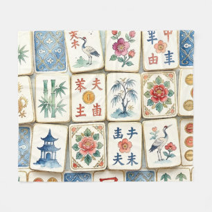 Mahjong Chinoiserie Tegels Waterverf Bloemen Vogel Fleece Deken