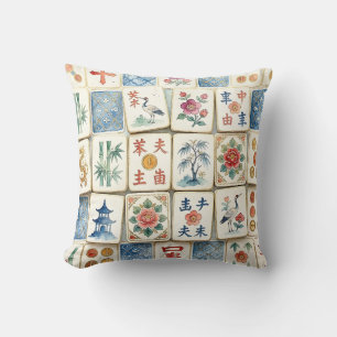 Mahjong Chinoiserie Tegels Waterverf Bloemen Vogel Kussen
