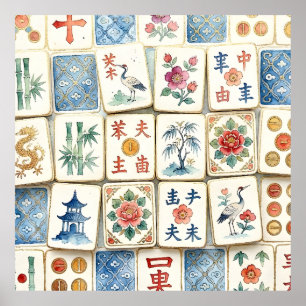 Mahjong Chinoiserie Tegels Waterverf Bloemen Vogel Poster
