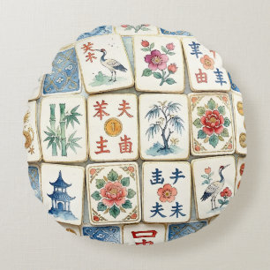 Mahjong Chinoiserie Tegels Waterverf Bloemen Vogel Rond Kussen