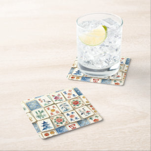 Mahjong Chinoiserie Tegels Waterverf Bloemen Vogel Vierkante Kartonnen Onderzetter
