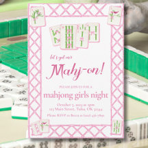 Mahjong Feest Uitnodiging, Roze Groen Coquette
