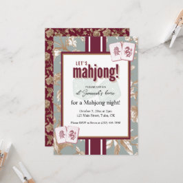 Mahjong-feestuitnodiging, bordeauxrode toile, tege kaart
