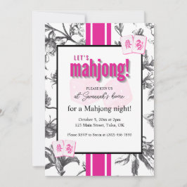 Mahjong Party Invitation, black pink toile, tiles Kaart