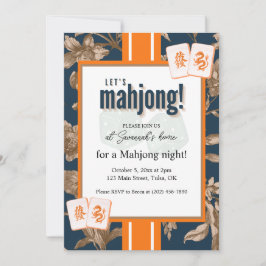 Mahjong Party Invitation, navy gold toile, tiles Kaart