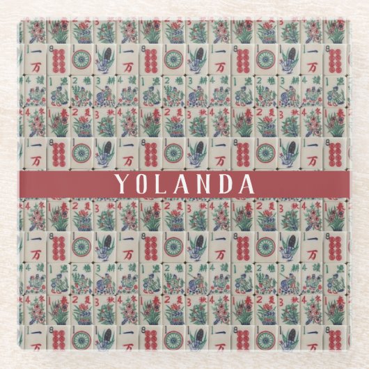 Mahjong Tegels Pattern Personalized Glazen Onderzetter (Voorkant)