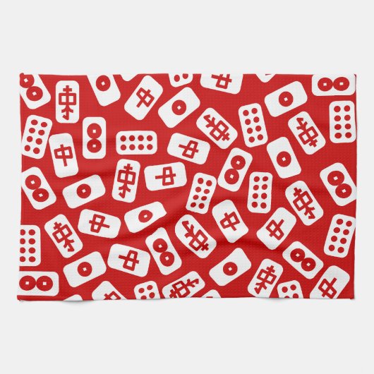 Mahjong tegels wit op rood theedoek (Horizontaal)