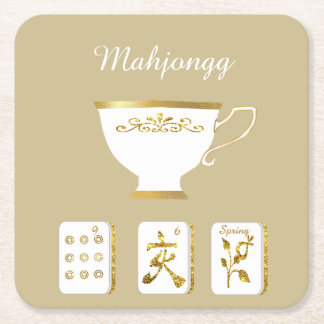 Mahjong Tiles and Teacup Paper Coaster Vierkante Kartonnen Onderzetter