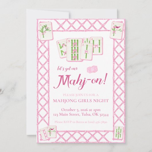 Mahjong Uitnodiging van het Feest, Roze Groene Coq (Voorkant)