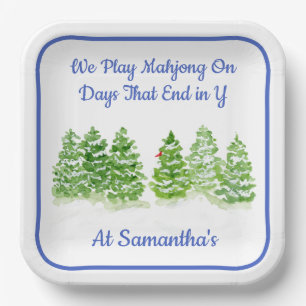 MAHJONG Waterverf Winterbomen Blauw PERSONALISEER Papieren Bordje