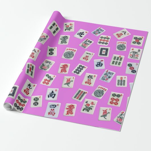 MahJongg-tegels ontwerpen op roze Cadeaupapier (Uitgerold)
