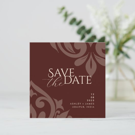 Mahogany Red Damask Elegant Classic Photo Wedding Save The Date (Staand voorkant)