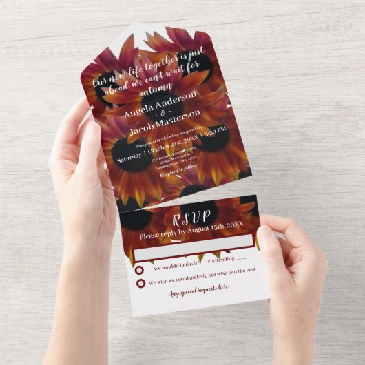 Mahonie Zonnebloem Herfst Bruiloft All In One Uitnodiging (Afscheurbaar)