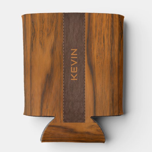 Mahoniehout en lederen textuur monogram blikjeskoeler (Achterkant)