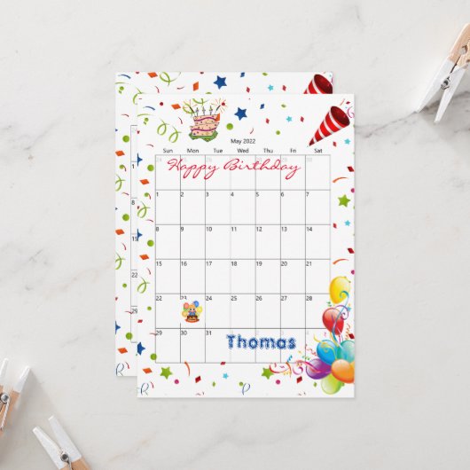 Mai 2022 Calendrier Bonne Invitation Anniversaire (Devant/Arrière en situation)