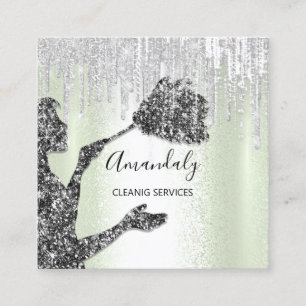 Maid House Cleaning Services Logo Grey Drips Munt Vierkante Visitekaartje