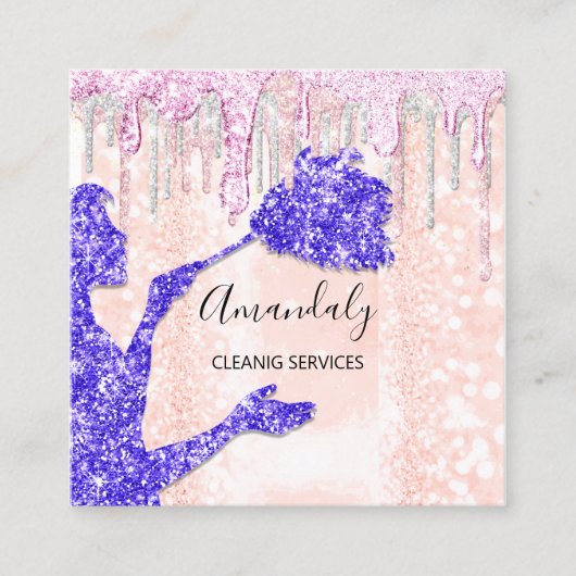 Maid House Cleaning Services Logo Silver Pink Vierkante Visitekaartje (Voorkant)