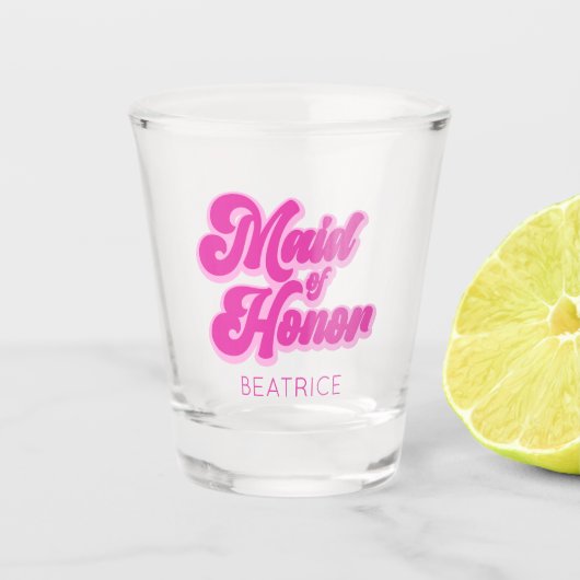 Maid of Honor Bubblegum Pink Retro Aangepaste naam Shot Glas (Voorkant)