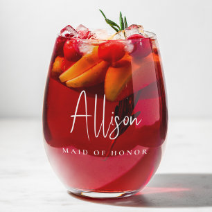 Maid of Honor Chic Wit Script Bruiloft Wijnglas Zonder Voet