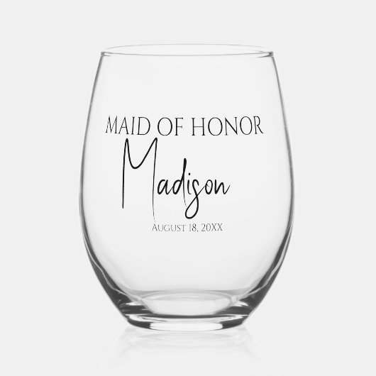 Maid of Honor Naam Datum Aangepast Wijnglas Zonder Voet (Voorkant)