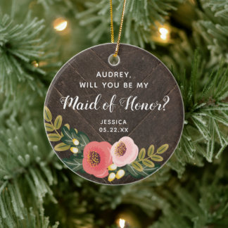 Maid of Honor Personalized Farmhouse Boho Florals Keramisch Ornament