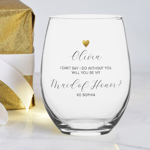 Maid of Honor Voorstel, Gouden Hart, Gepersonalise Wijnglas Zonder Voet