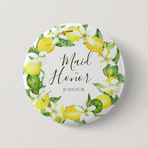 Maid of Honor Waterverf Lemon Wreath Shower Butto Ronde Button 5,7 Cm