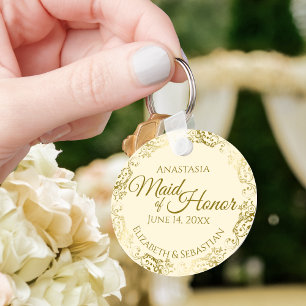 Maid of Honor Wedding Gift Gold Frills op Cream Sleutelhanger