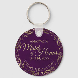 Maid of Honor Wedding Gift Plum Paars & Gold Sleutelhanger