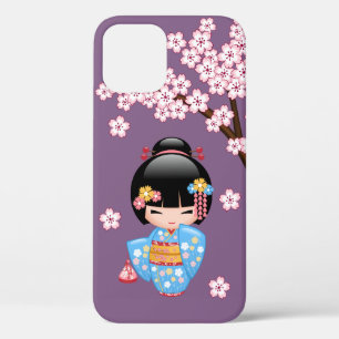 Maiko Kokeshi Doll - Blue Kimono Geisha Girl iPhone 12 Pro Hoesje