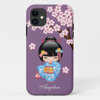 Maiko Kokeshi Doll - Blue Kimono Geisha Girl iPhone 11 Hoesje
