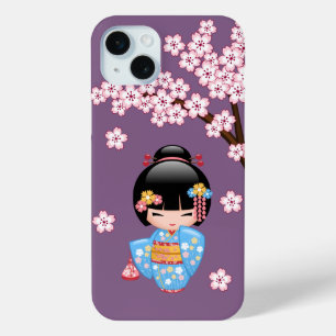 Maiko Kokeshi Doll - Blue Kimono Geisha Girl iPhone 15 Mini Hoesje