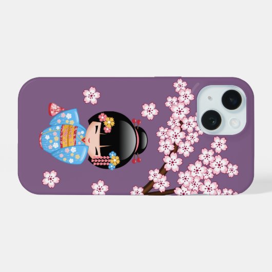 Maiko Kokeshi Doll - Blue Kimono Geisha Girl iPhone 15 Hoesje (Achterkant horizontaal)