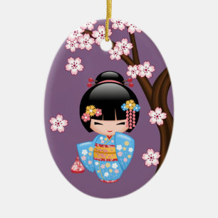 Maiko Kokeshi Doll - Cute Geisha Girl op Paars Keramisch Ornament