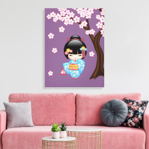 Maiko Kokeshi-pop - Blauwe Kimono Geisha-meisje Canvas Afdruk