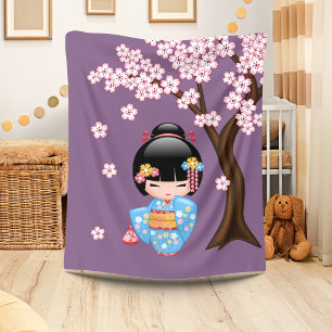 Maiko Kokeshi Pop - Blauwe Kimono Geisha Meisje Fleece Deken