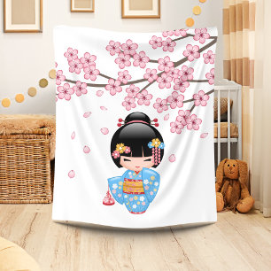 Maiko Kokeshi-pop - Blauwe Kimono Geisha-meisje Fleece Deken