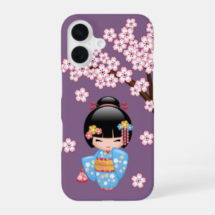 Maiko Kokeshi-pop - Blauwe Kimono Geisha-meisje iPhone 16 Hoesje