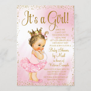 Mail Baby shower Pink Gold Brunette Princess Tutu Kaart
