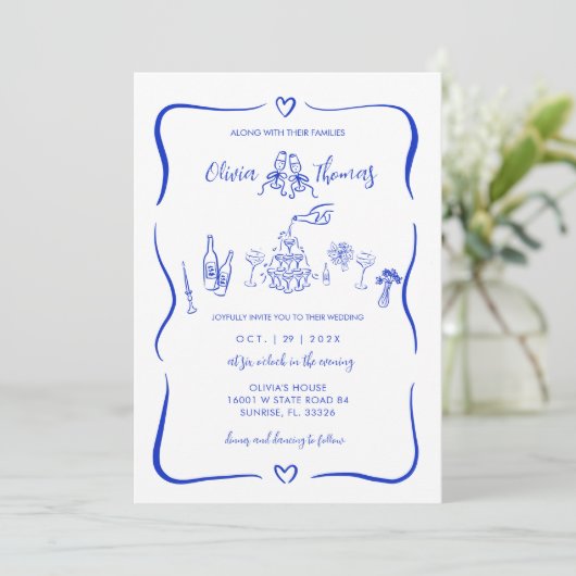 Main Bleue Tiré Whimsical Wedding Invitations (Debout devant)